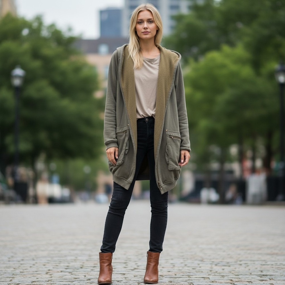 Wilfred Aritzia Free Lounge Olive Green Longline Hoodie Studded Pockets MWC25